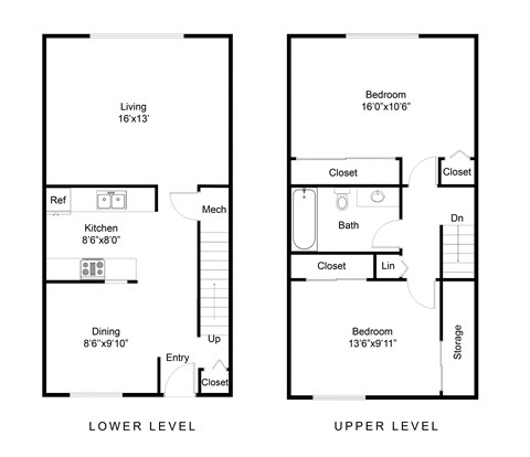 Floor plan for 2 beds, 1 bath, 962 sqft